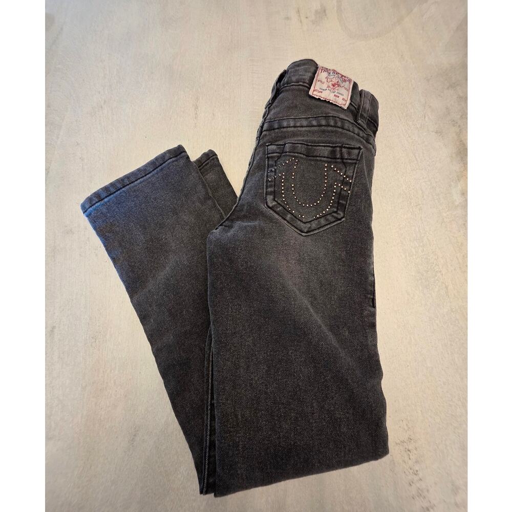 True Religion Girls Ricky Relaxed Straight Denim Jeans SZ 7 Studs Gray Stretch